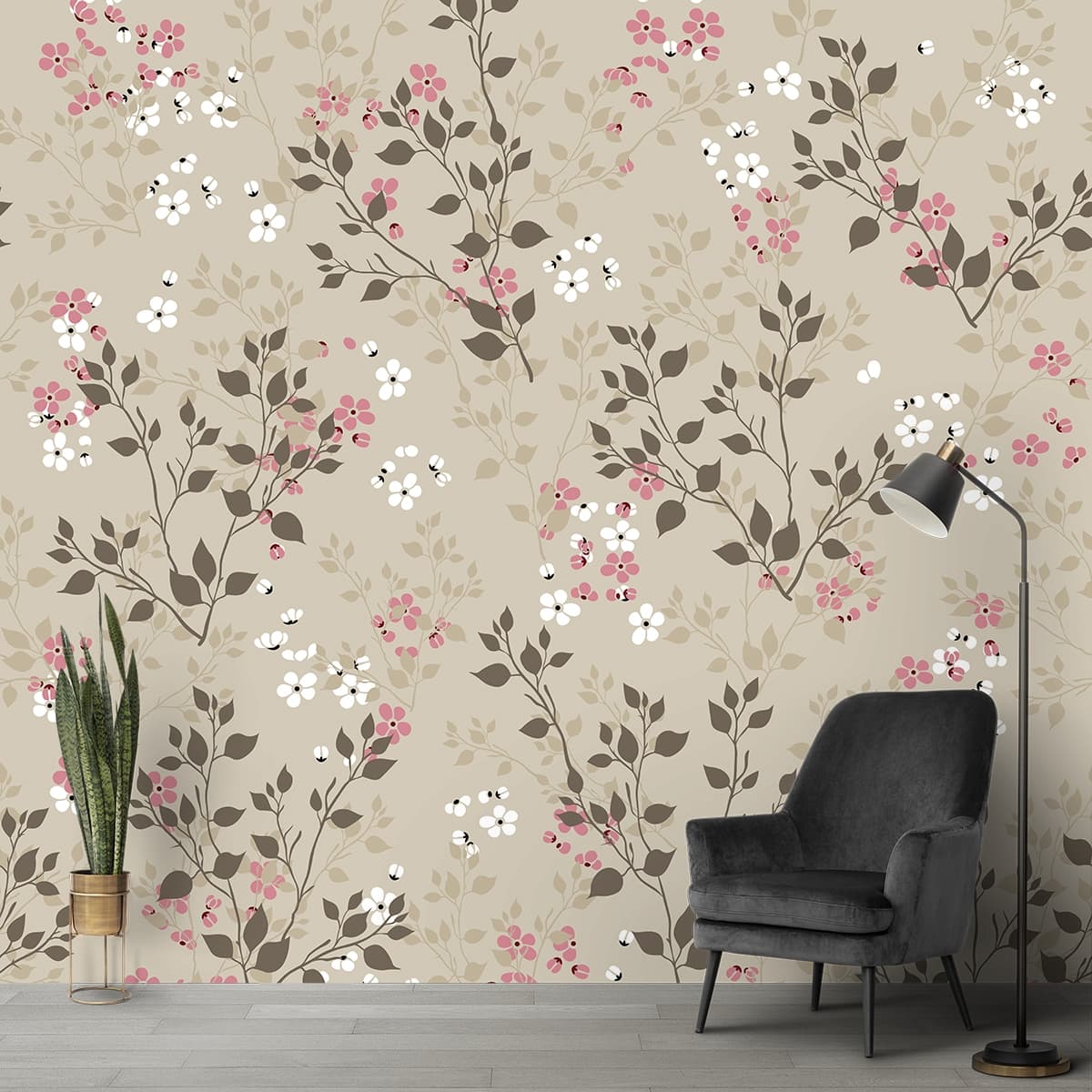Lush botanical pattern with flowers and leaves artwork wallpaper shown in a room