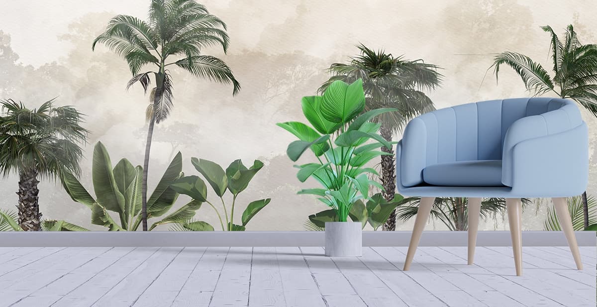 Tropical Palm Trees and Botanical Plants Nature Wallpaper shown in a room