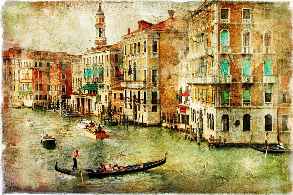 Waterfront Scene with Boats and Buildings Background Wallpaper pattern detail