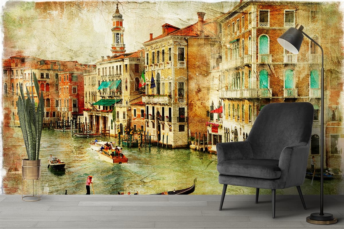 Waterfront Scene with Boats and Buildings Background Wallpaper shown in a room
