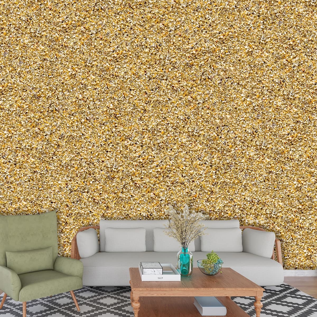 Elegant Gold Speckled Sand Pattern Decor Wallpaper shown in a room