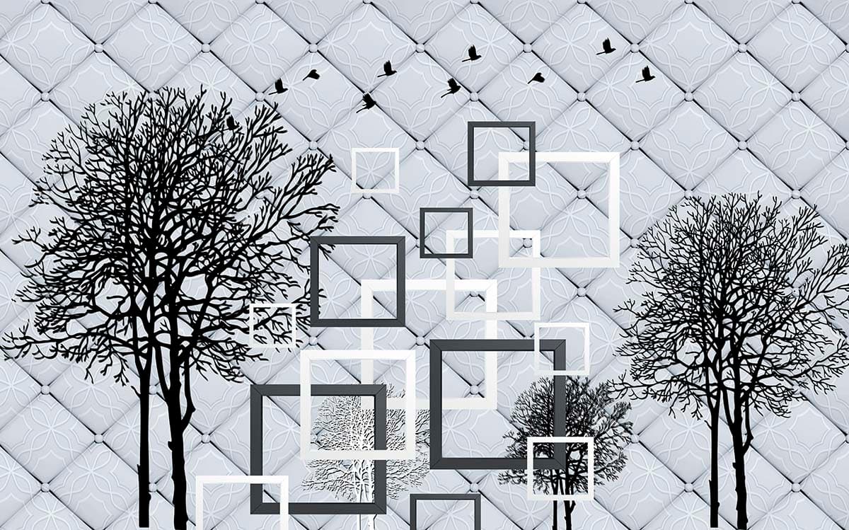 A Wallpaper with Trees and Birds for Walls pattern detail