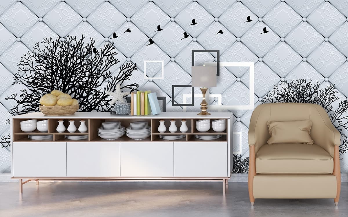 A Wallpaper with Trees and Birds for Walls shown in a room