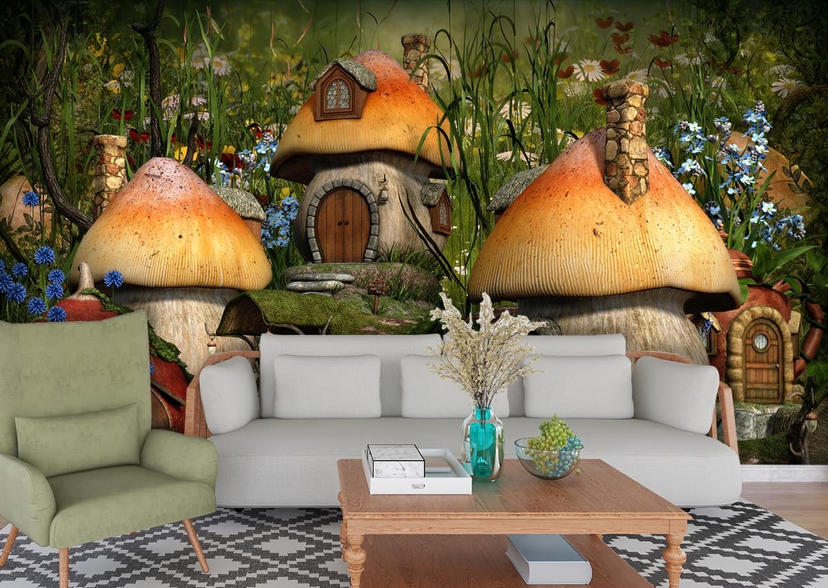 Storybook Mushroom House Wallpaper shown in a room