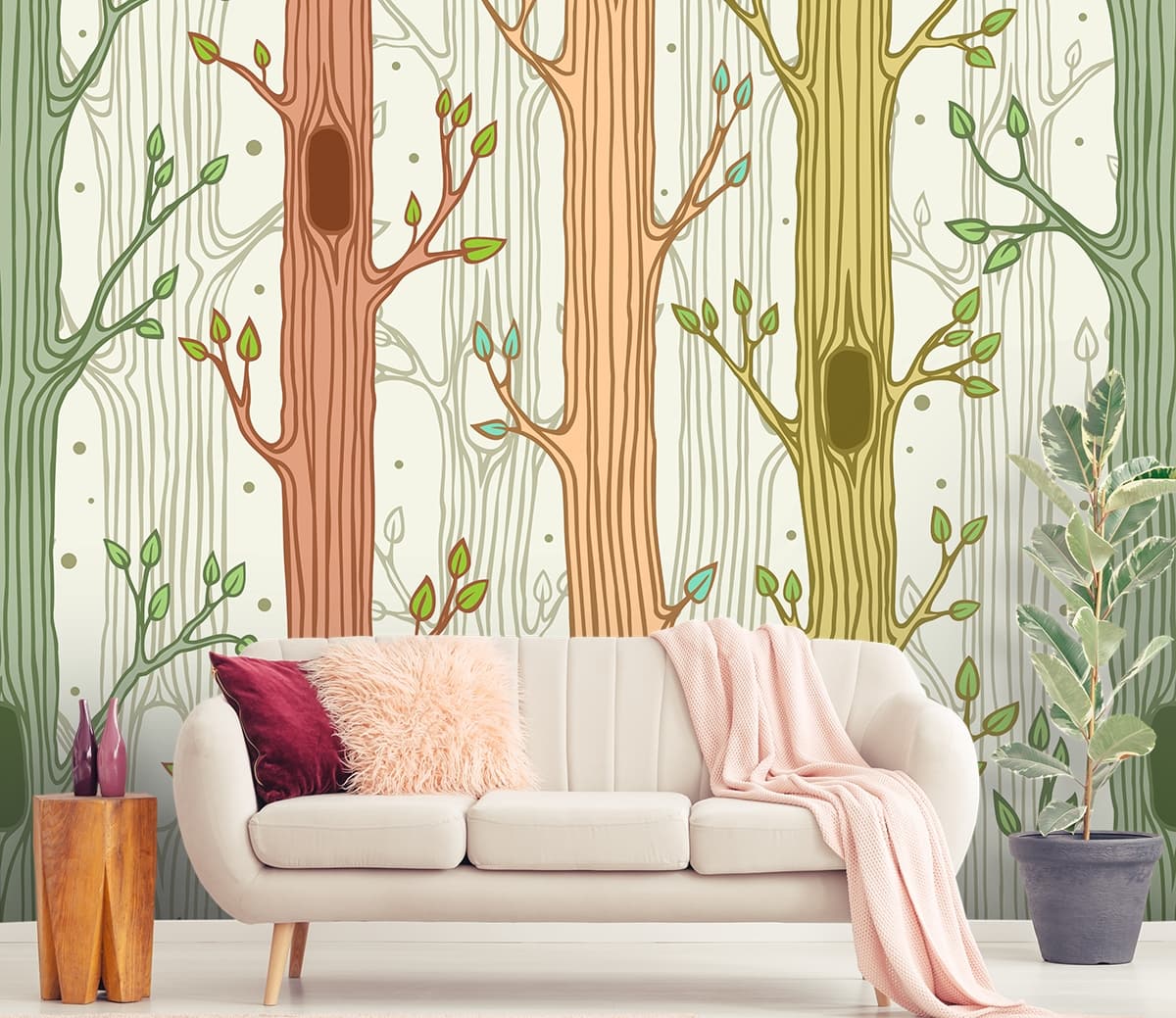 Nature Inspired Tree Leaves Pattern Wallpaper shown in a room