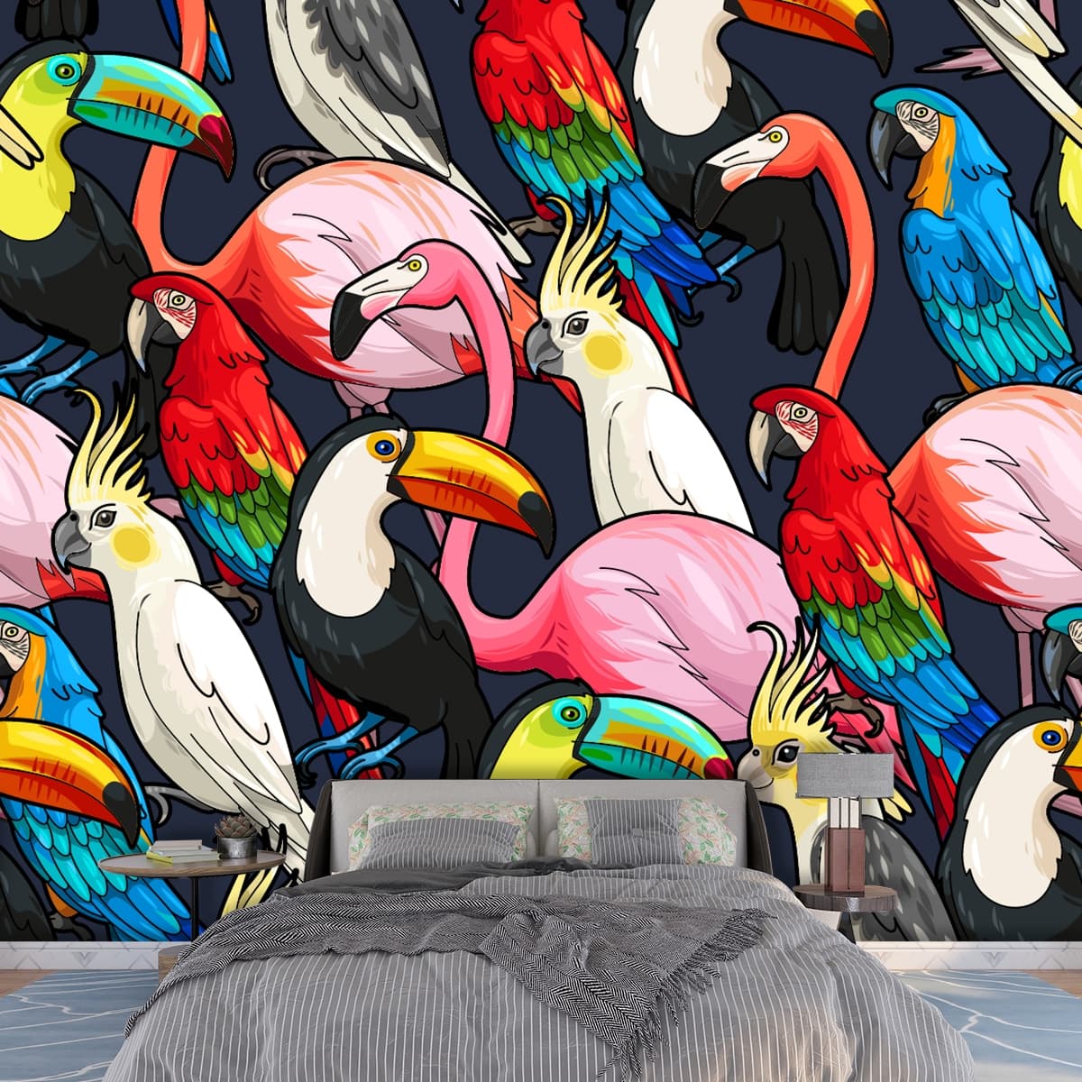 Vibrant Colorful Birds Tropical Pattern Design Wallpaper shown in a room