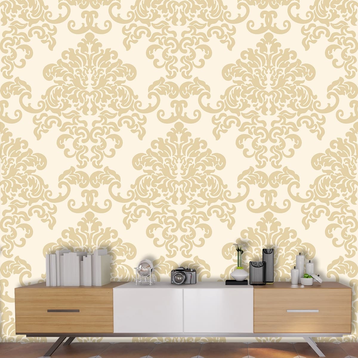 Vintage Damask Floral Pattern Wallpaper shown in a room
