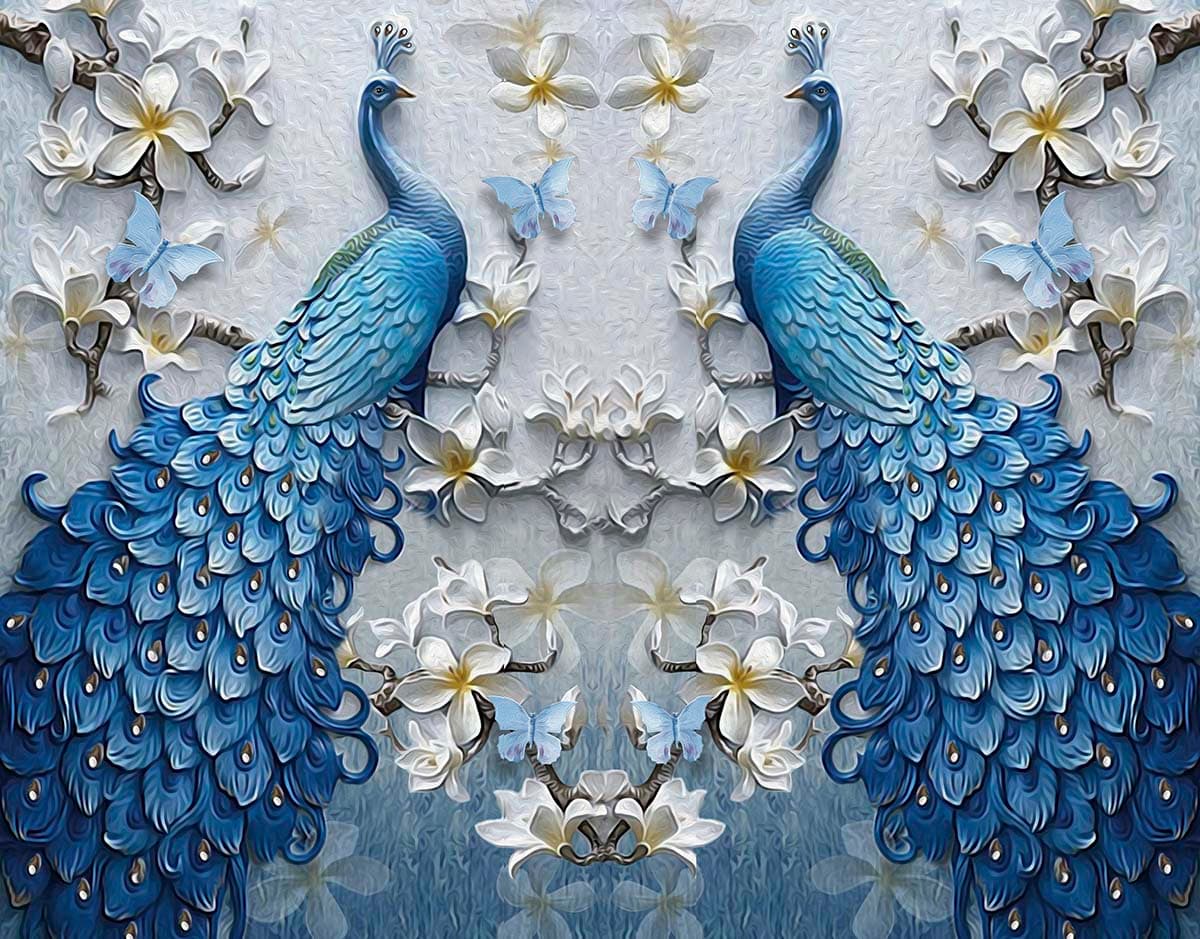 3D Blue Peacocks and White Flowers Wallpaper Design pattern detail