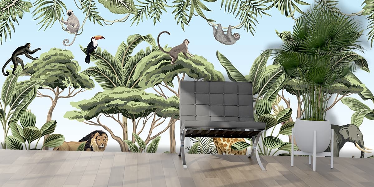 Wildlife Animals and Trees Nature Design Wallpaper shown in a room
