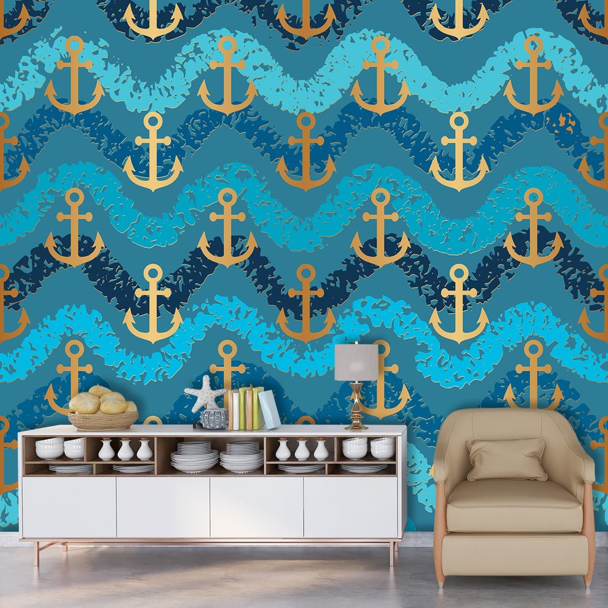 A pattern of anchors and waves shown in a room