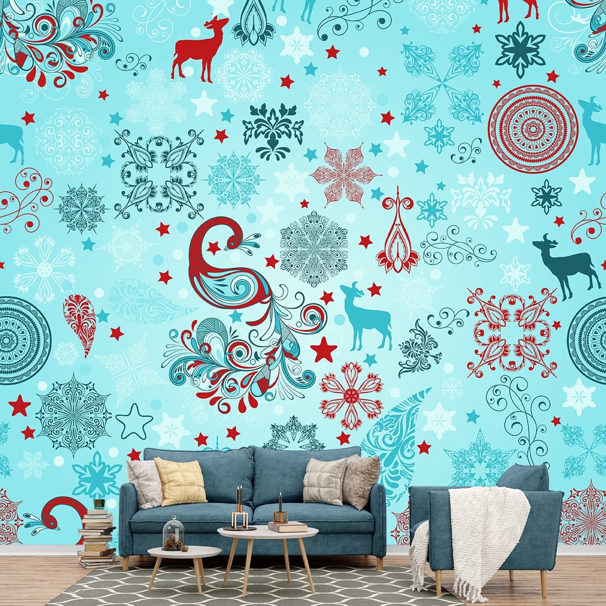 A blue and red pattern shown in a room