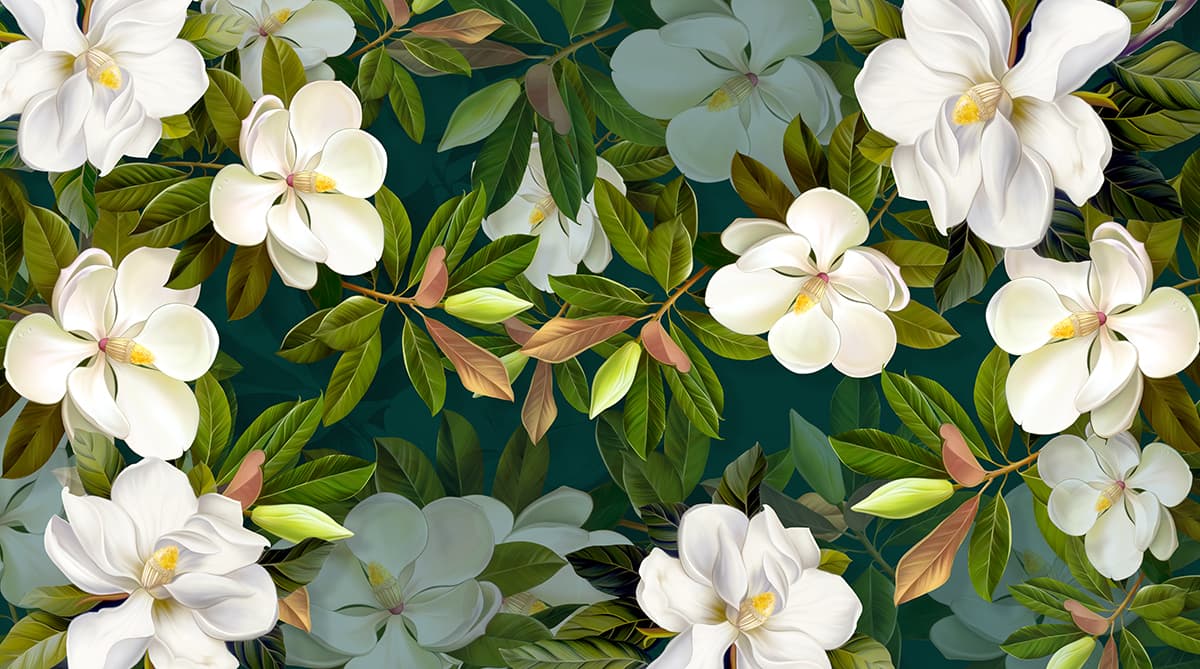 A Wallpaper for Wall of White Flowers and Leaves pattern detail