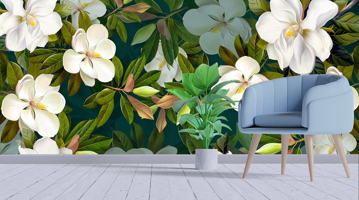A Wallpaper for Wall of White Flowers and Leaves shown in a room
