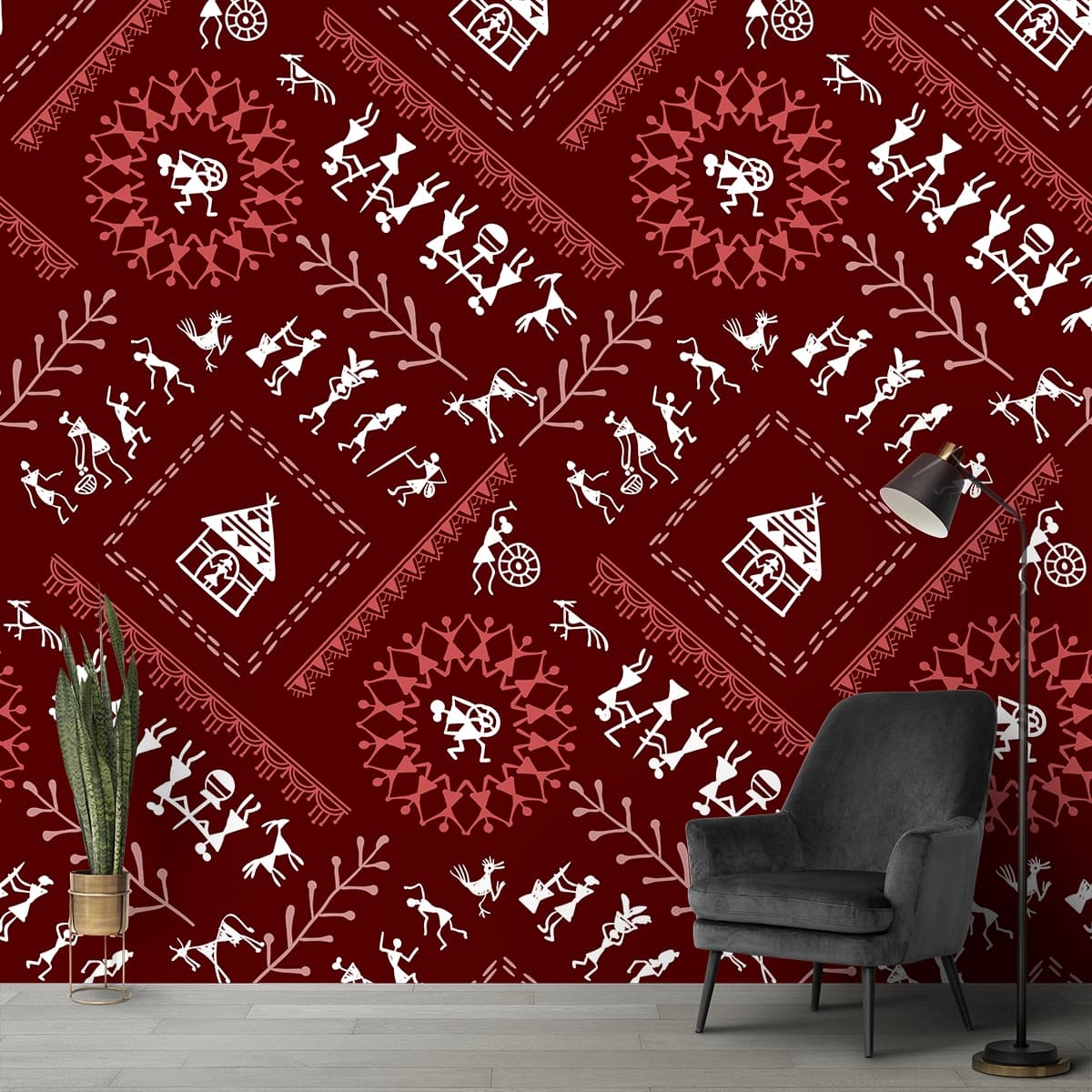 Beautiful Red Warli Painting Art Wallpaper for Home shown in a room
