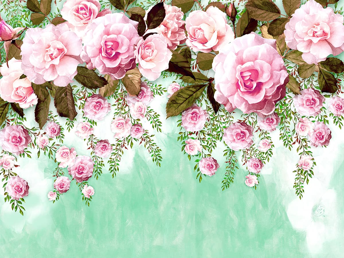 A Wallpaper for Wall of Pink Flowers and Green Leaves pattern detail