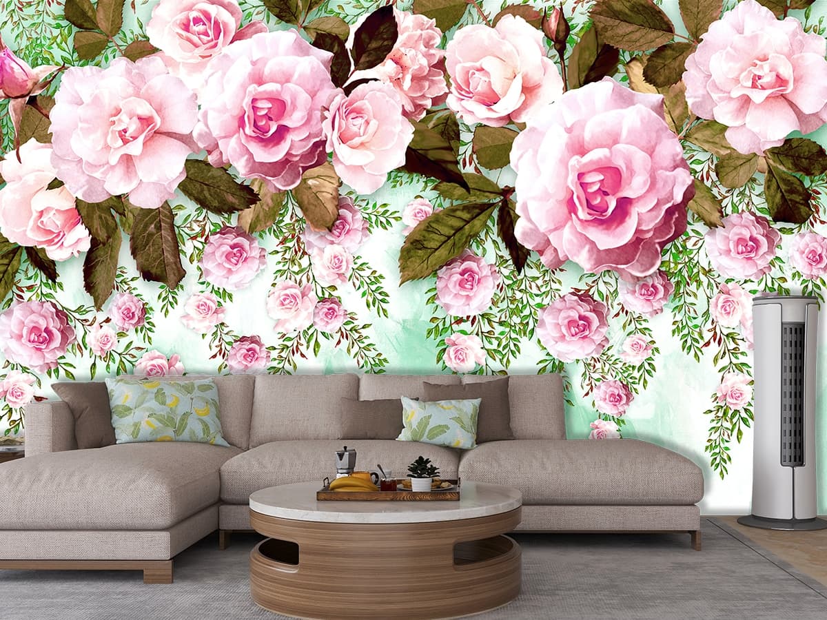A Wallpaper for Wall of Pink Flowers and Green Leaves shown in a room