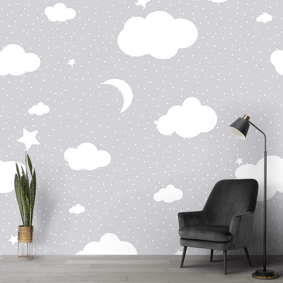 Soft Grey Night Sky Wallpaper shown in a room