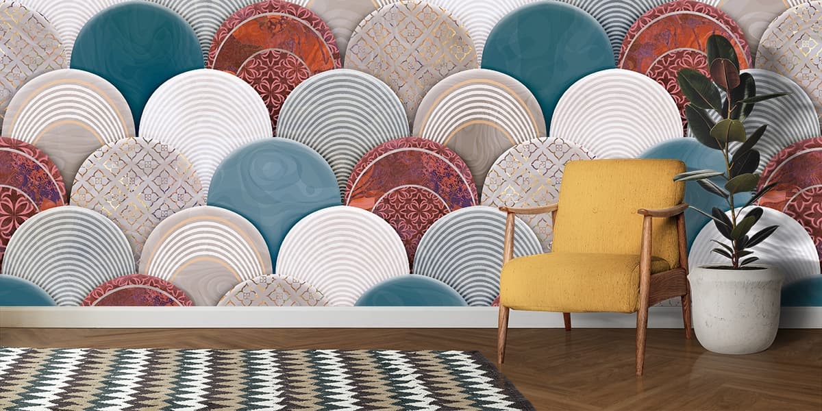 Beautiful Wallpaper of 3D Pattern of Colorful Circles for Living Room shown in a room