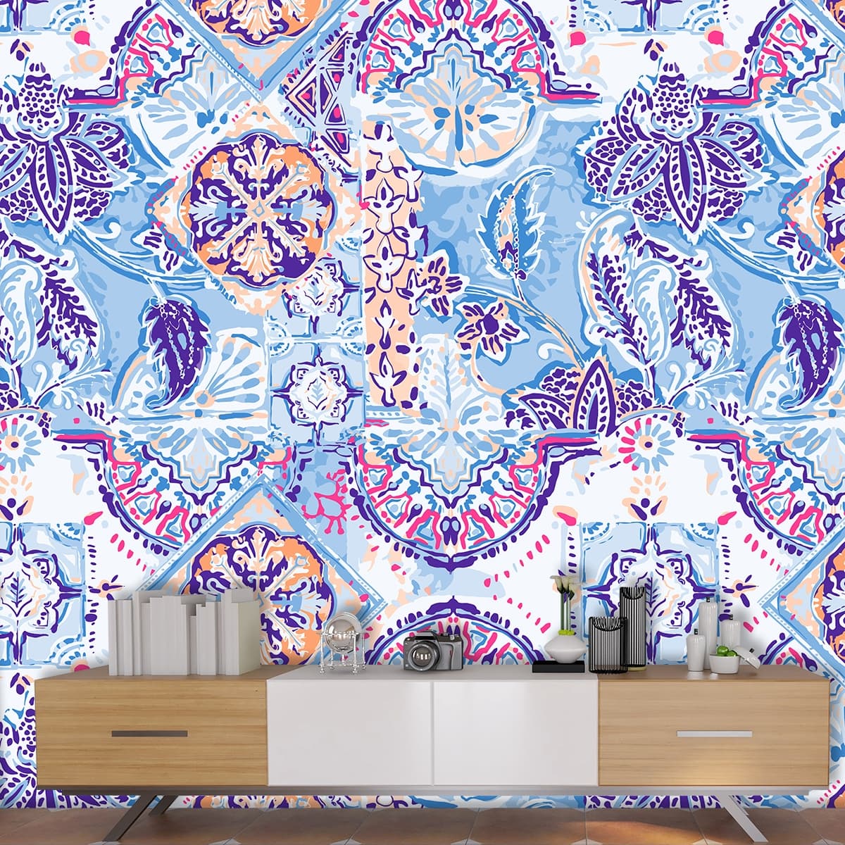 A colorful pattern on a surface shown in a room
