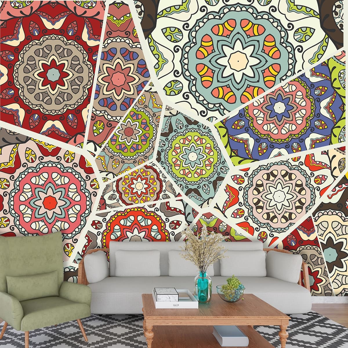 Unique Multi-Color Mandala Pattern Wallpaper shown in a room