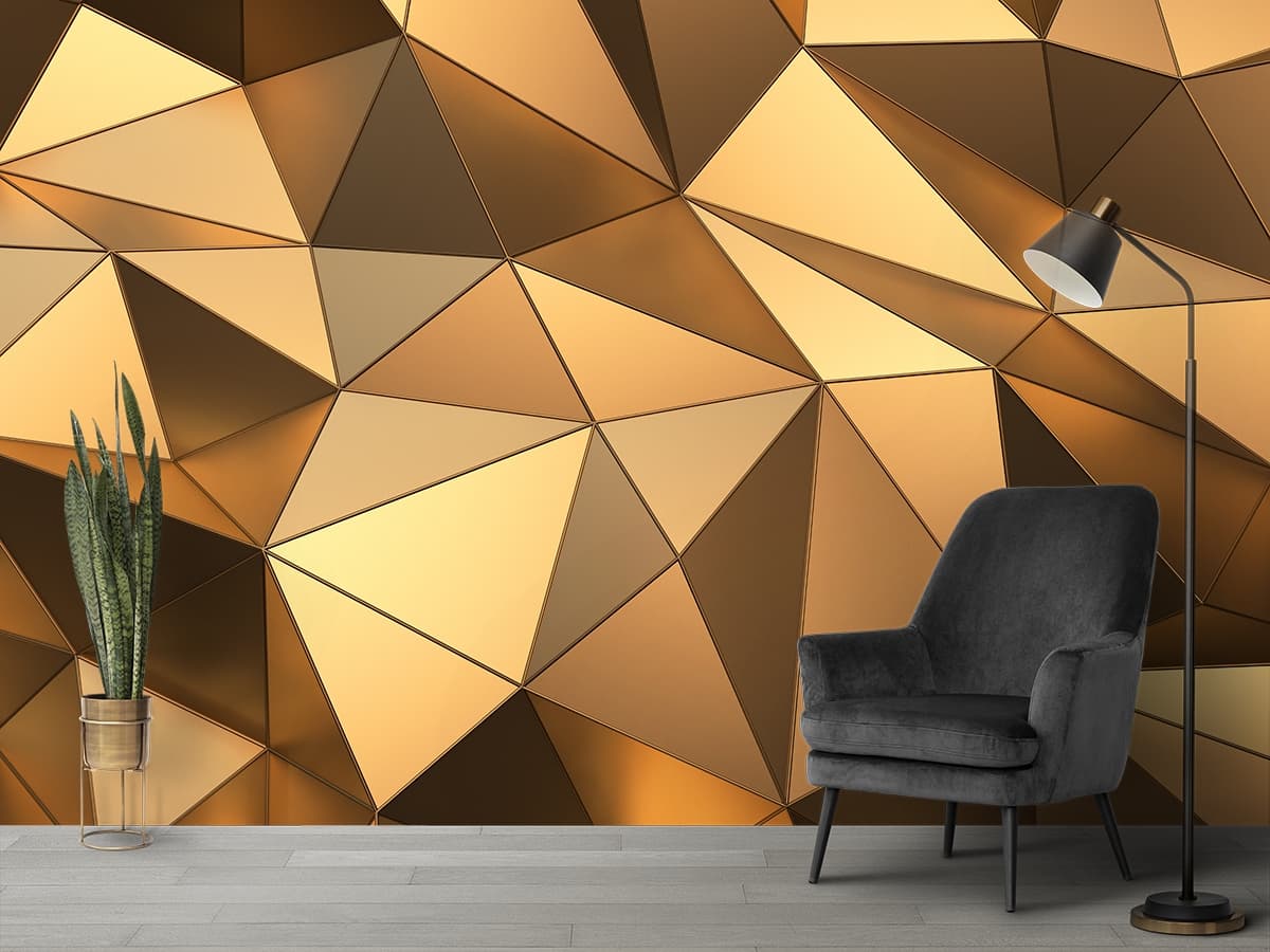 3D Golden Triangle Pattern Wallpapers for Living Room shown in a room