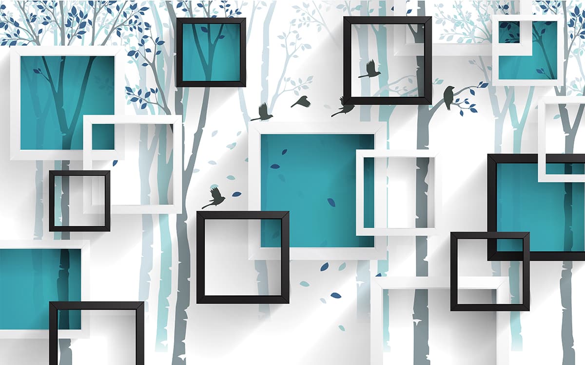 A wall with frames and birds on it pattern detail