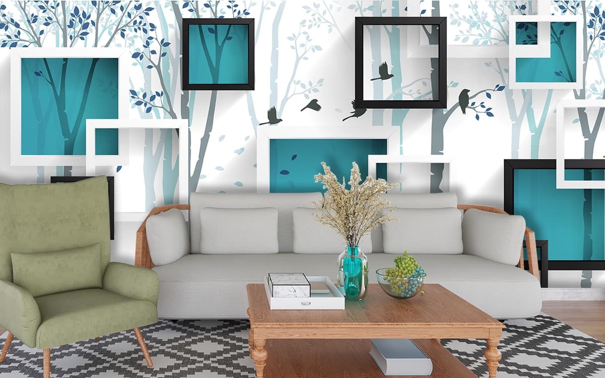 A wall with frames and birds on it shown in a room