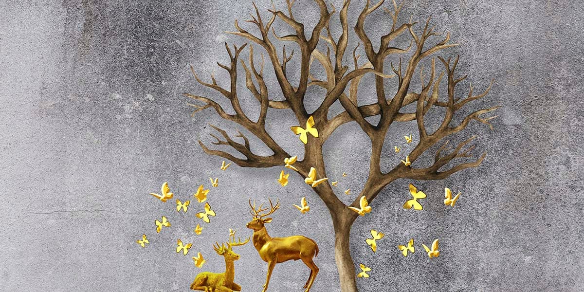 Tree with Butterflies and Deer, 3D Wallpaper For Living Room pattern detail