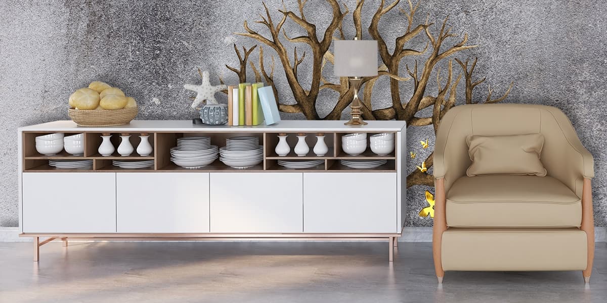 Tree with Butterflies and Deer, 3D Wallpaper For Living Room shown in a room