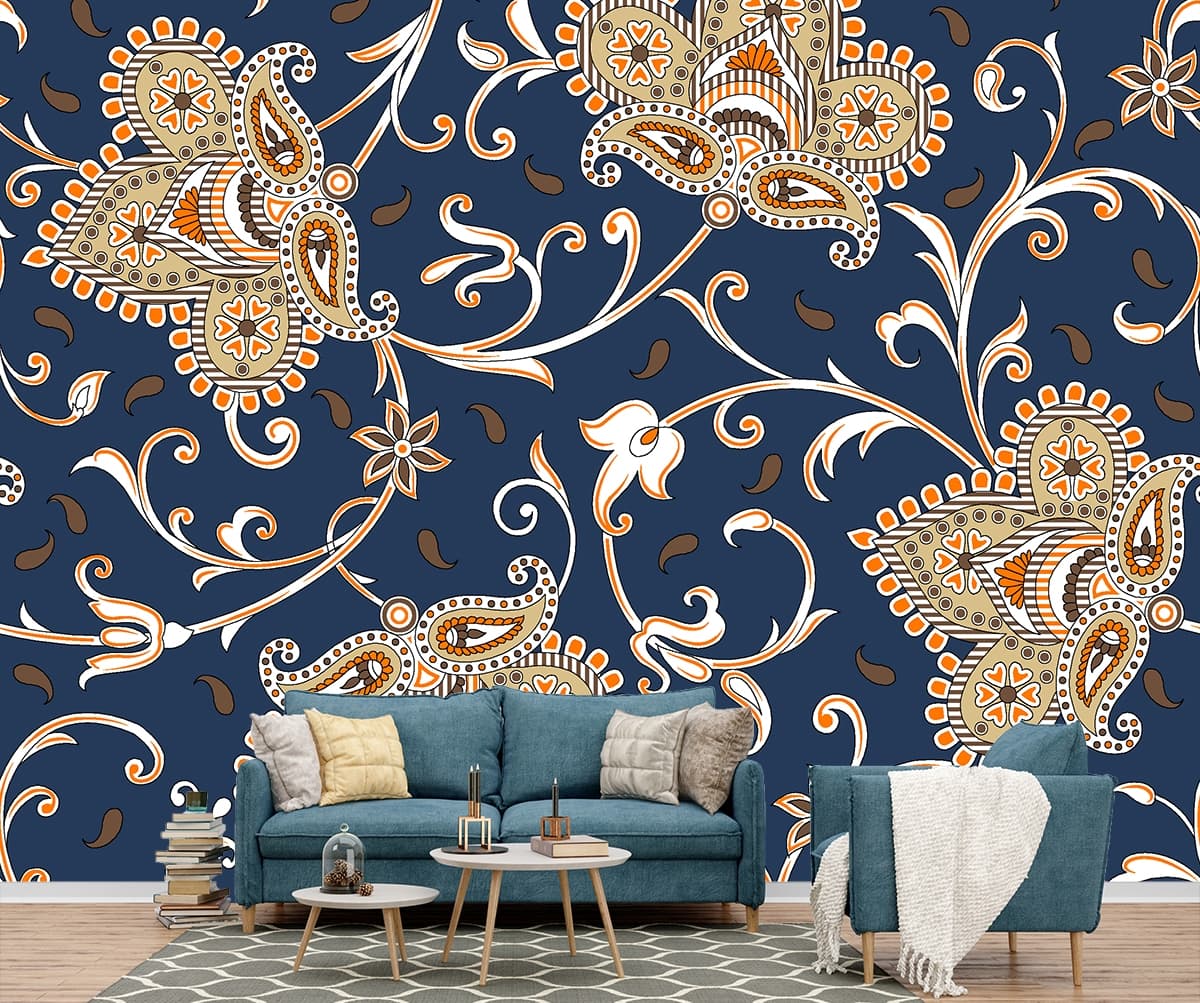 Blue Color Vintage Pattern Wallpaper for Walls shown in a room