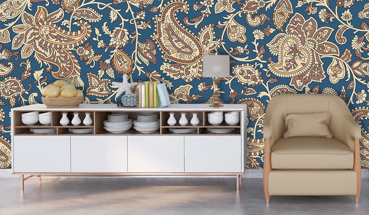 Wallpaper for House Wall, Blue and tan paisley pattern shown in a room