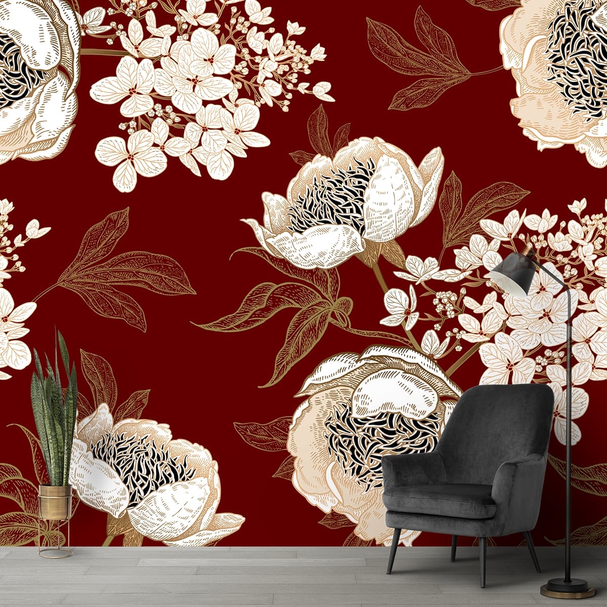 A Wallpaper Pattern of White Flowers and Leaves on Wall shown in a room