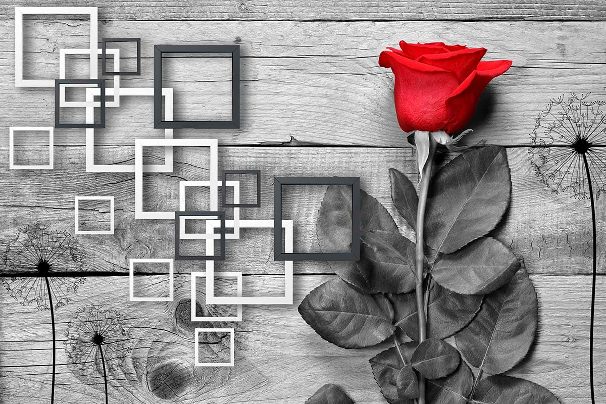 Red Rose On A Wood Surface, 3D Wallpaper For Living Room pattern detail