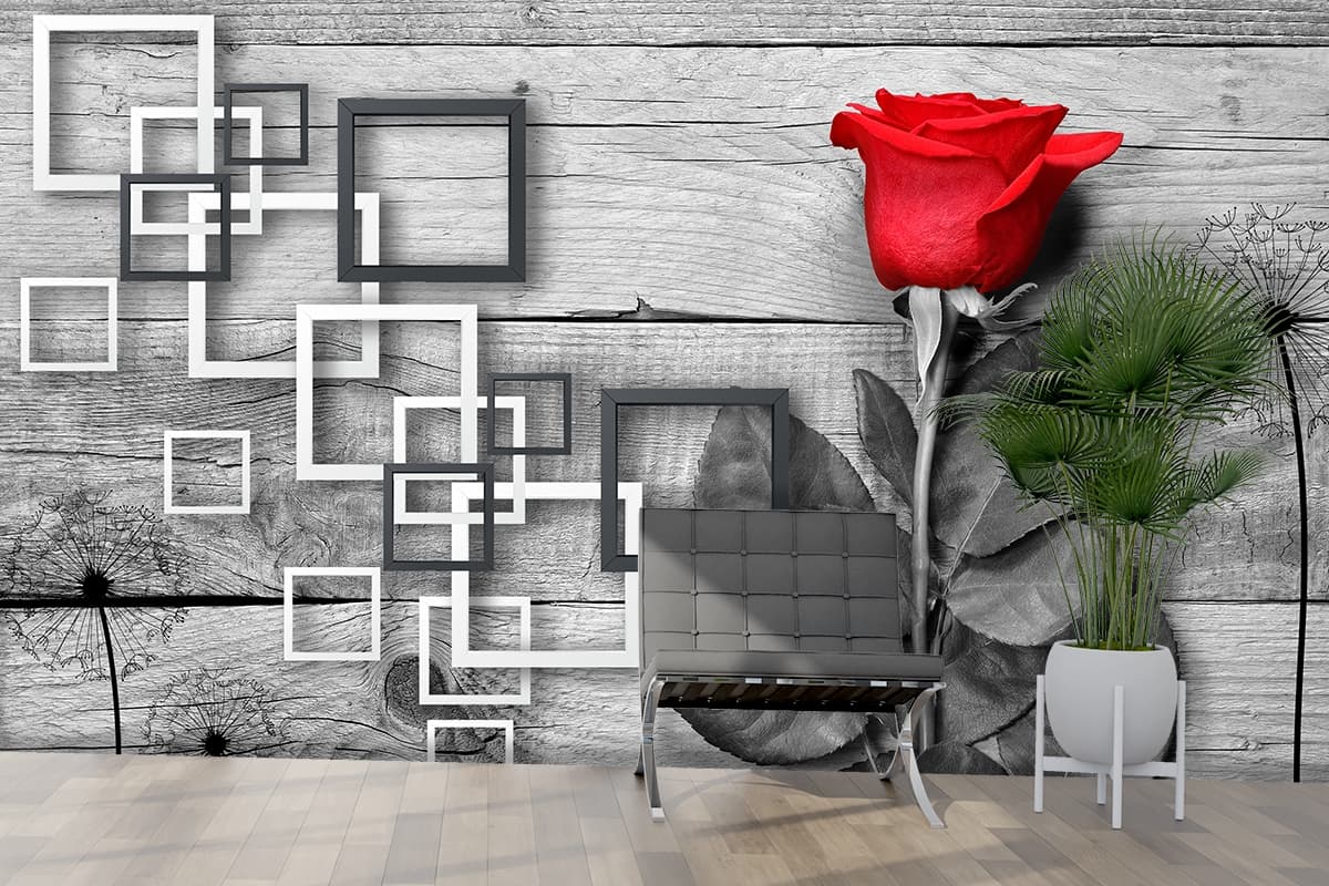 Red Rose On A Wood Surface, 3D Wallpaper For Living Room shown in a room