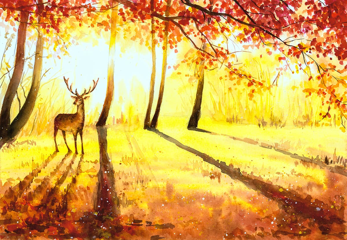 Artistic Deer in Forest Watercolor Nature Wallpaper pattern detail