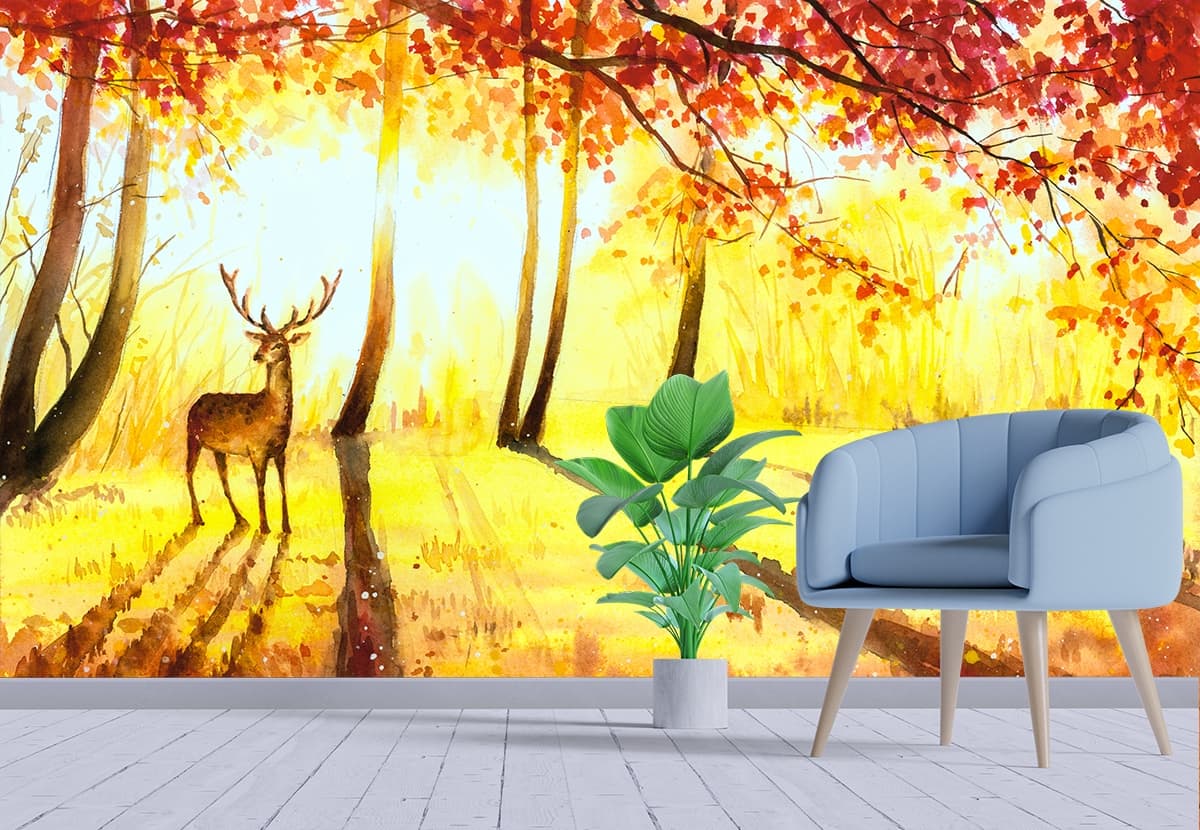 Artistic Deer in Forest Watercolor Nature Wallpaper shown in a room