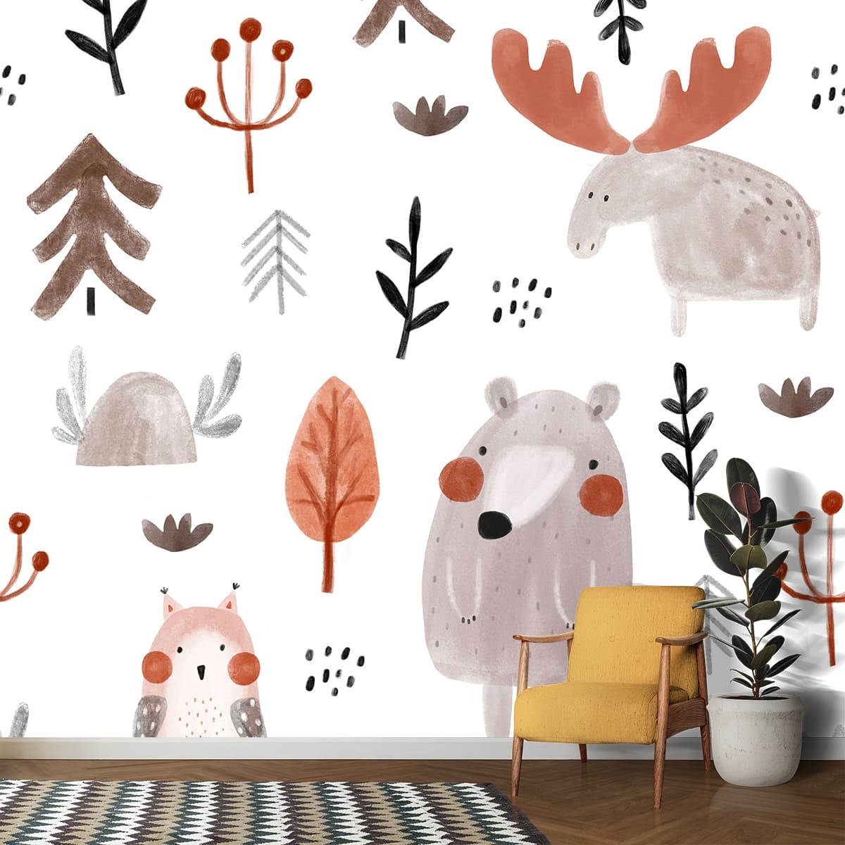 Scandinavian Woodland Friends Wallpaper shown in a room