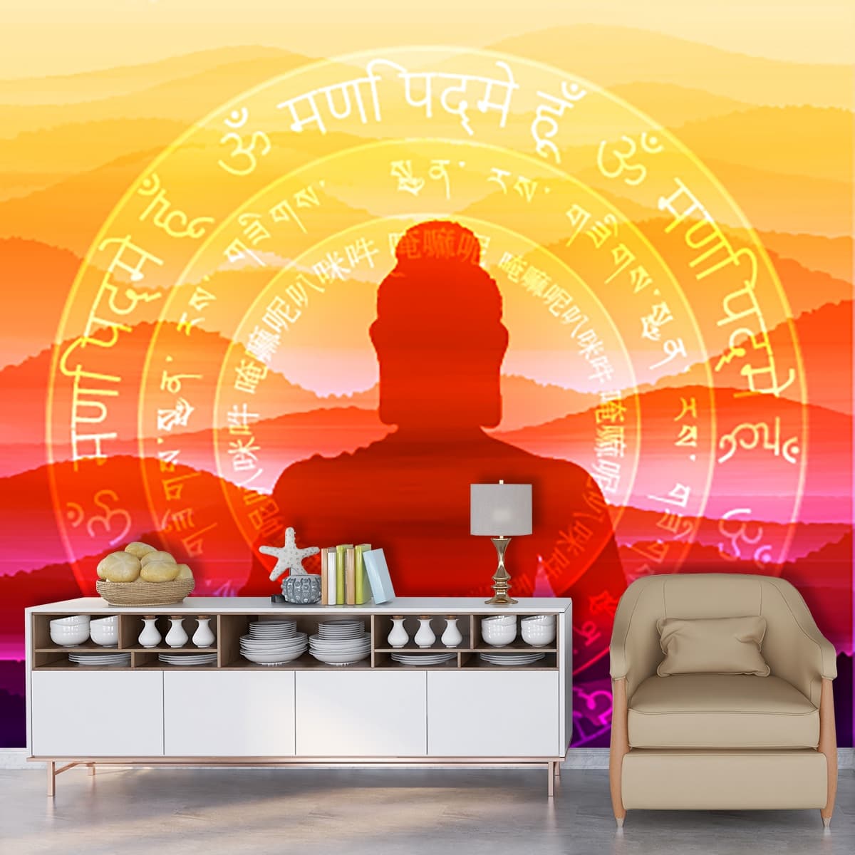 Spiritual Person Silhouette Mountain View Wallpaper shown in a room