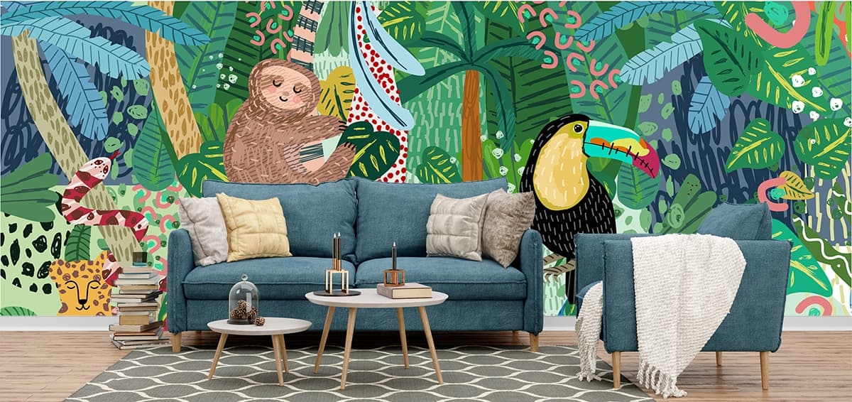 Tropical Jungle Sloth Wallpaper shown in a room