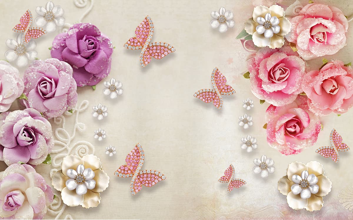 Flowers and Butterfly, 3D Wallpaper For Living Room pattern detail