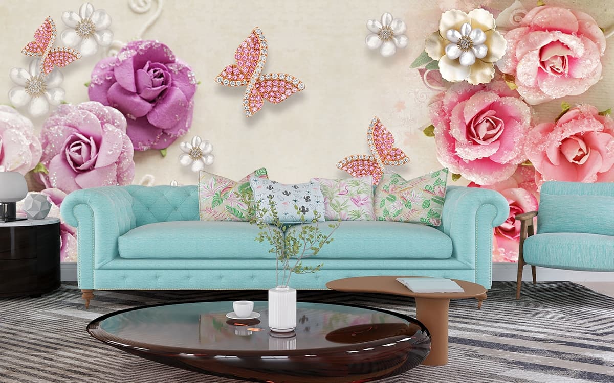 Flowers and Butterfly, 3D Wallpaper For Living Room shown in a room