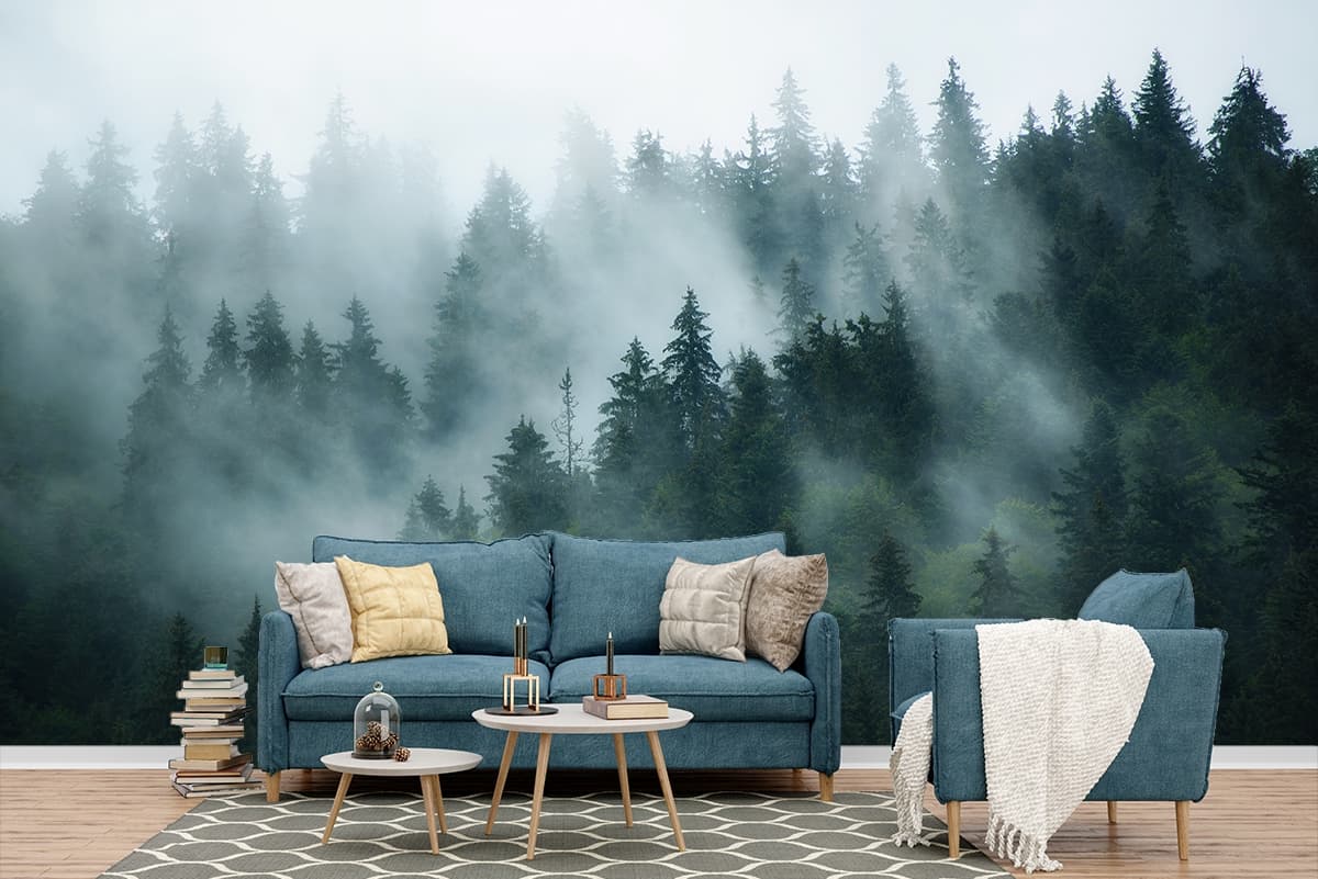Misty Evergreen Pine Forest Wallpaper shown in a room