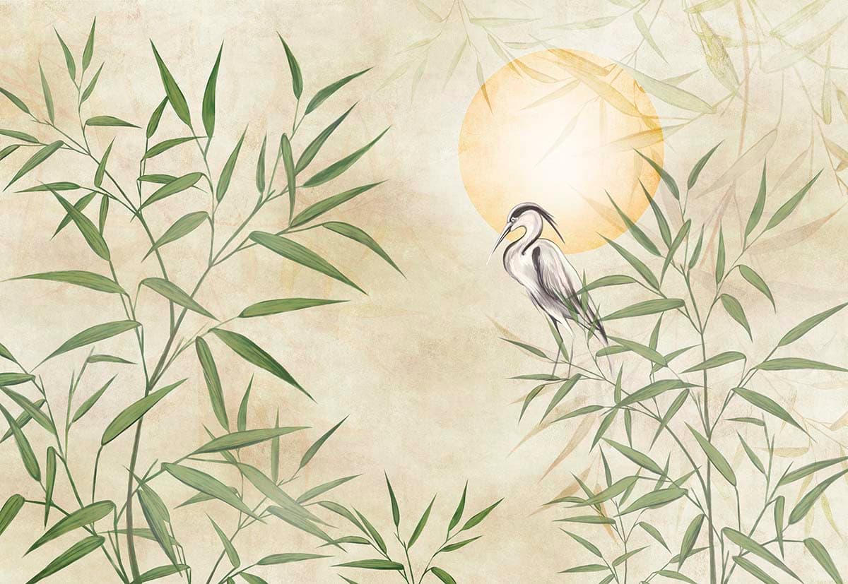 Elegant Bird on a Branch with Floral Art Design Wallpaper pattern detail