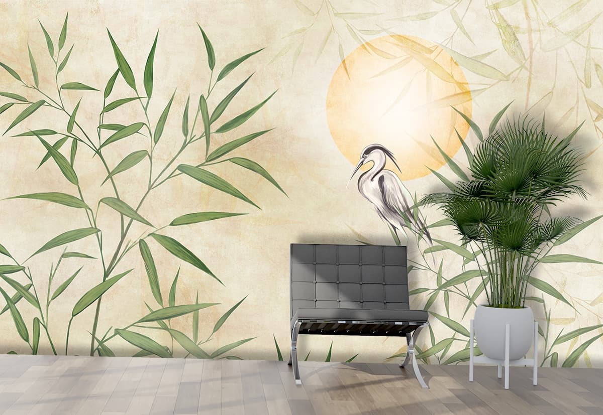 Elegant Bird on a Branch with Floral Art Design Wallpaper shown in a room