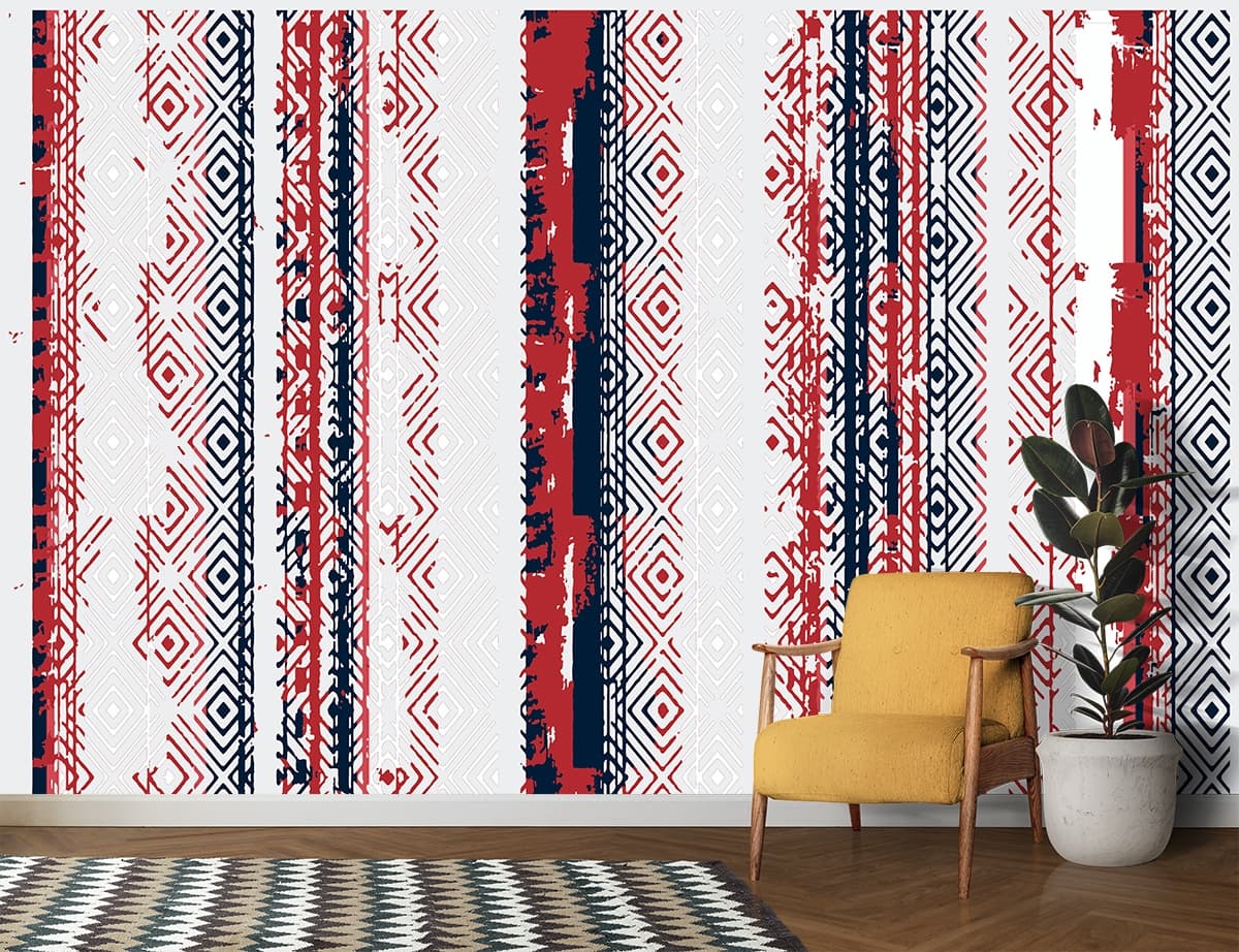 A red white and blue striped fabric shown in a room