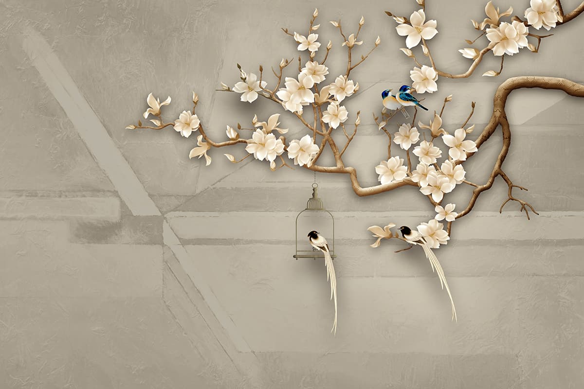 Botanical Tree Branch with Flowers and Birds Wallpaper pattern detail