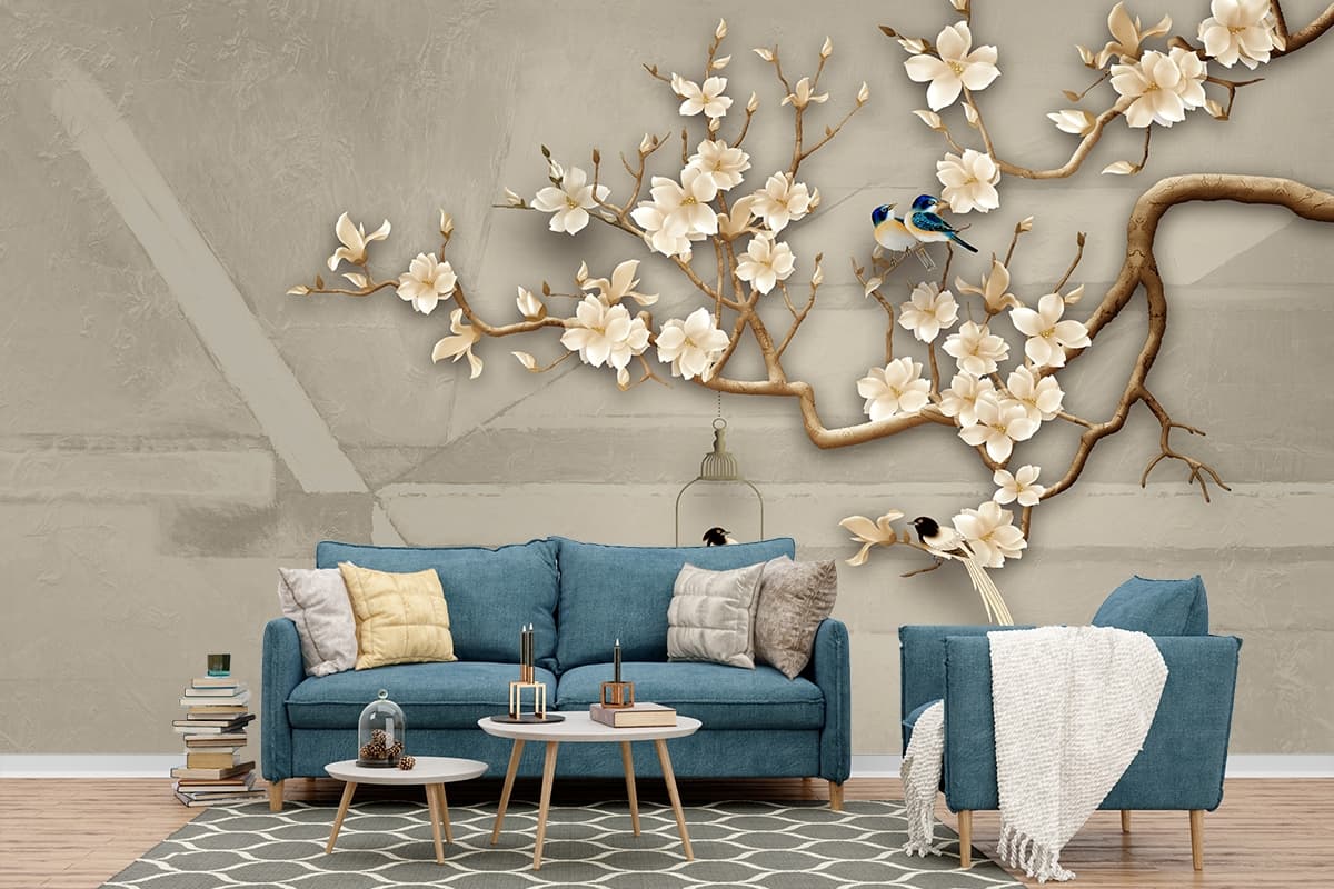 Botanical Tree Branch with Flowers and Birds Wallpaper shown in a room