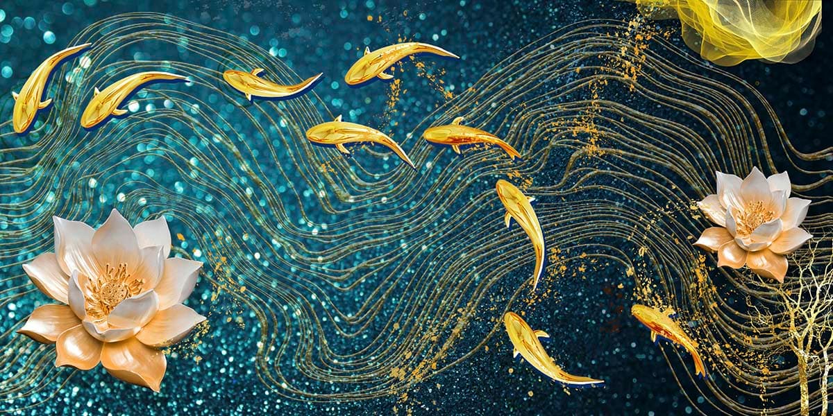 3D Gold Fish Swimming in Water Living Room Wallpaper pattern detail