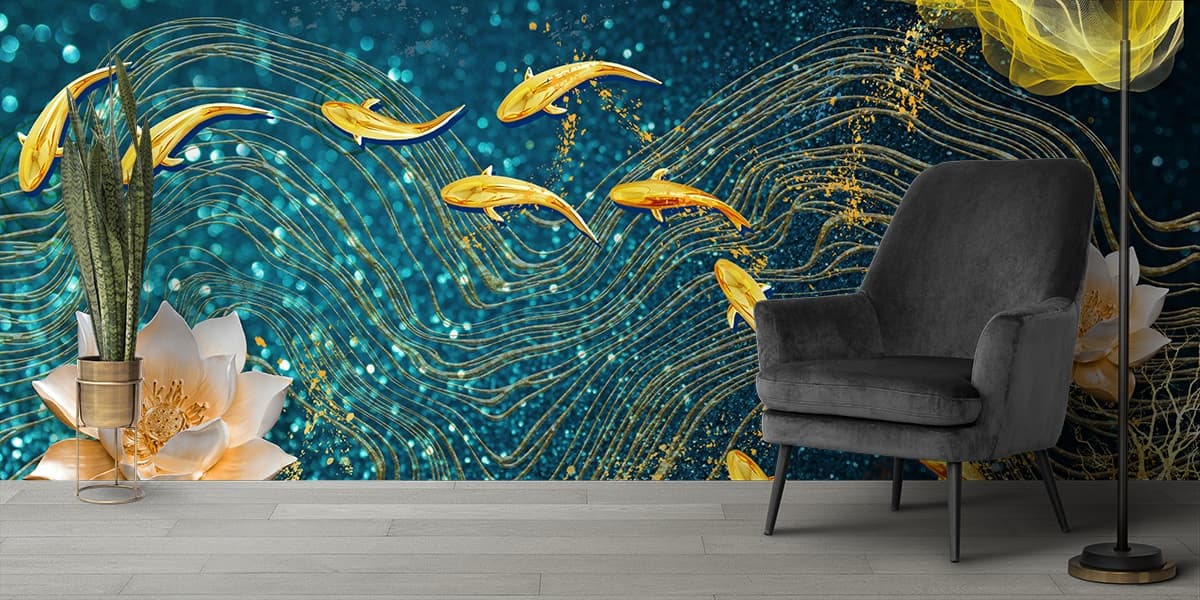 3D Gold Fish Swimming in Water Living Room Wallpaper shown in a room