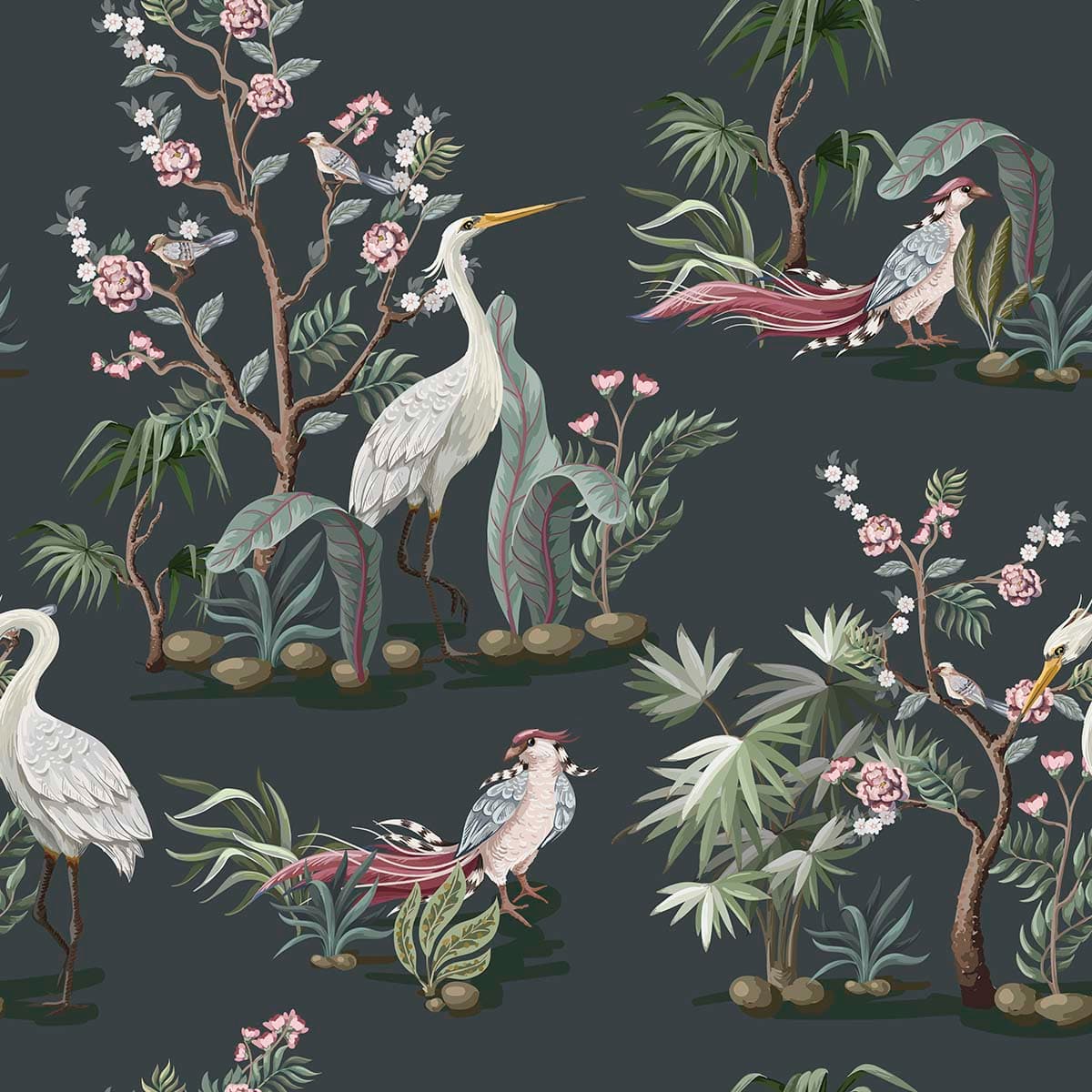 Serene Birds and Botanical Leaves Wallpaper pattern detail